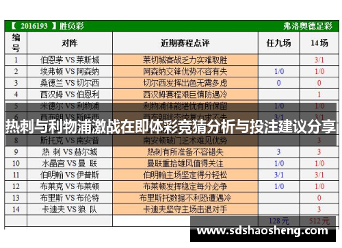 热刺与利物浦激战在即体彩竞猜分析与投注建议分享